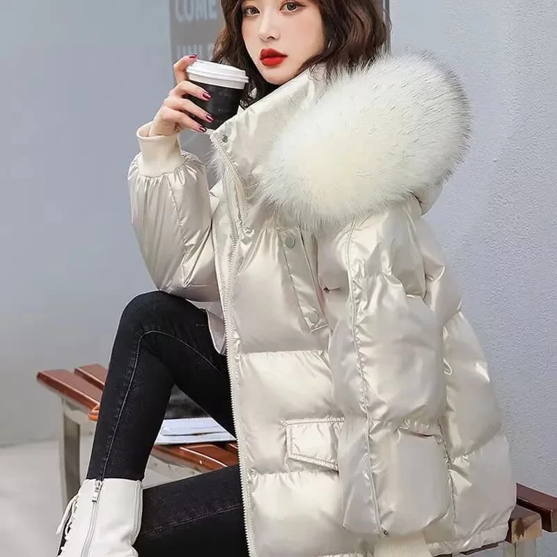 2026 Winter Fashion New Warm Duck Down Jacket Women's Clothes Glossy Fur Collar Thicken Parka Short Down Coat Female Trend