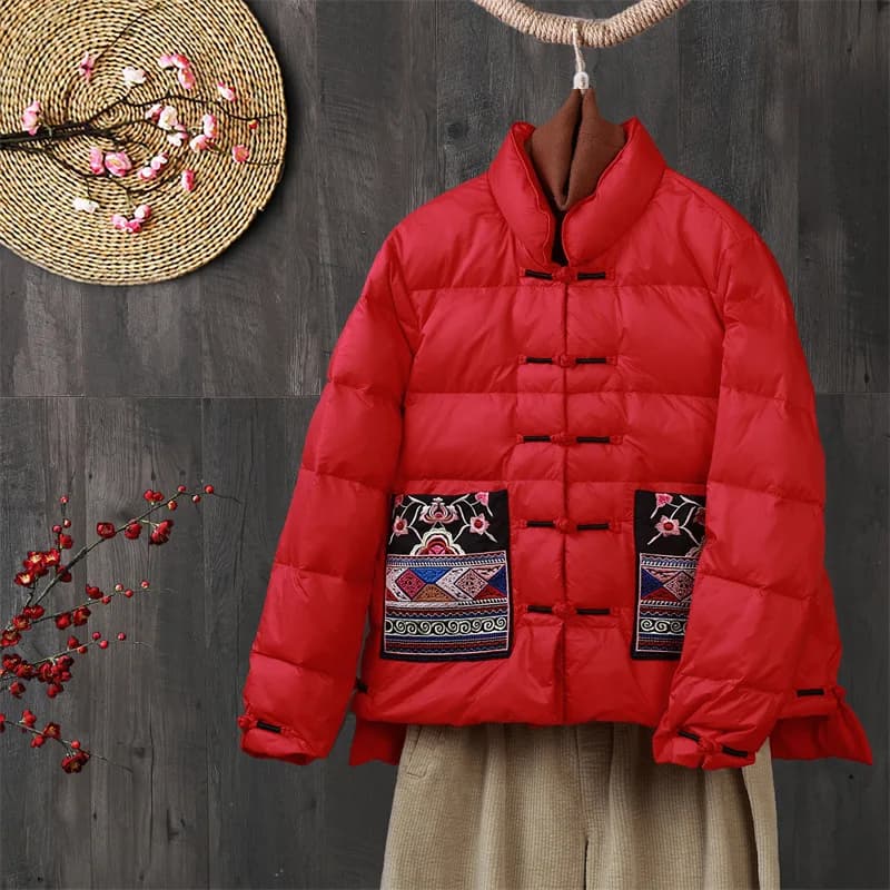Chinese Style Vintage Embroidered Buckle Down Coat Women Warm Light White Duck Down Jacket Parkas Ladies Short Puffer Outwears