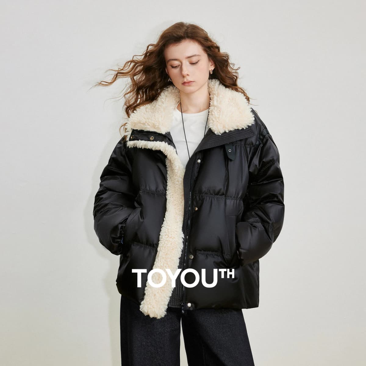 TOYOUTH Women 90% White Duck Down Jacket 2025 Winter New Fur Splicing Stand up Collar Light Luxury Warm Jacket Coat