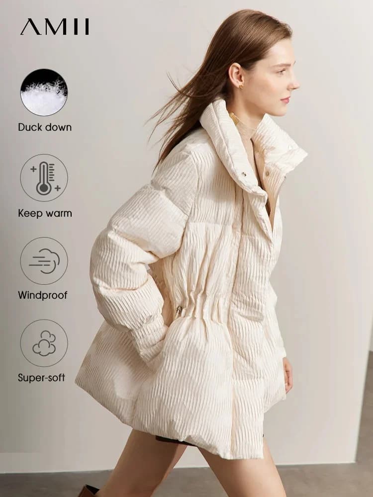 AMII Minimalist Duck Down Puffer Coat Women Winter 2026 Lightweight Stand Collar Lapel Warm Outerwear New Jackets 12344052
