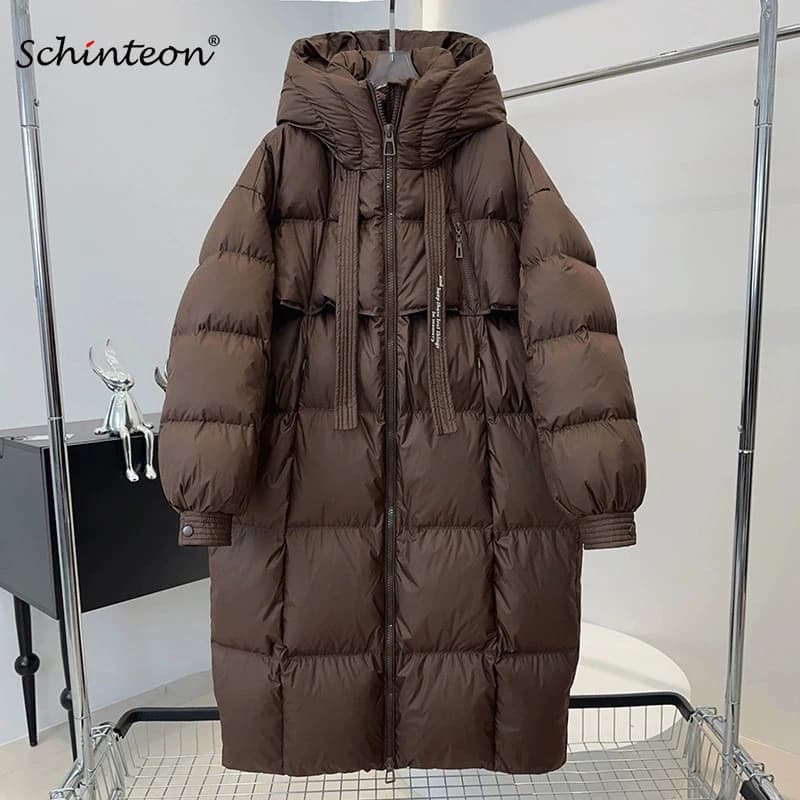 Schinteon Women White Duck Down Long Jacket Casual Loose Over Size Autumn Winter Outwear with Hood Korean Style Thick Coat 2026