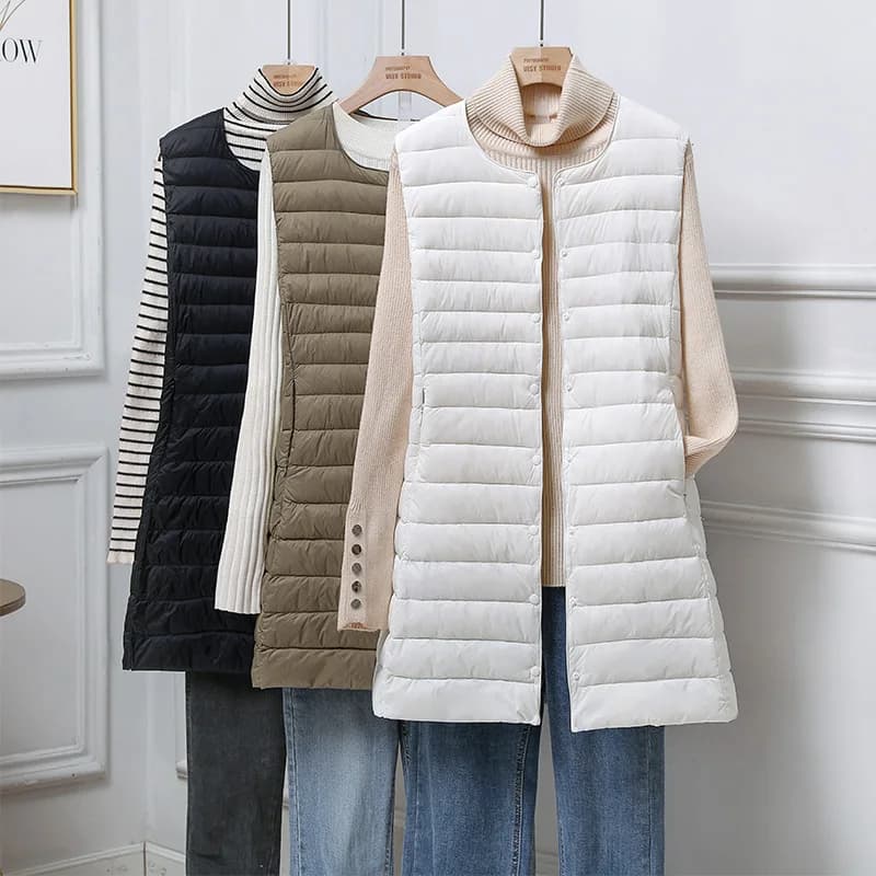 Lightweight down Vest Women's Mid-Length round Ne Autumn Winter New Sle Removable Inner Vest Adjustable V-Ne Reverse Se...
