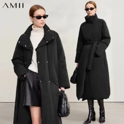 Amii Down Coats 2025 Winter New Solid Color Loose Long Women's Outerwear With Belt High Neck Thicken Warm Down Jacket 12544184