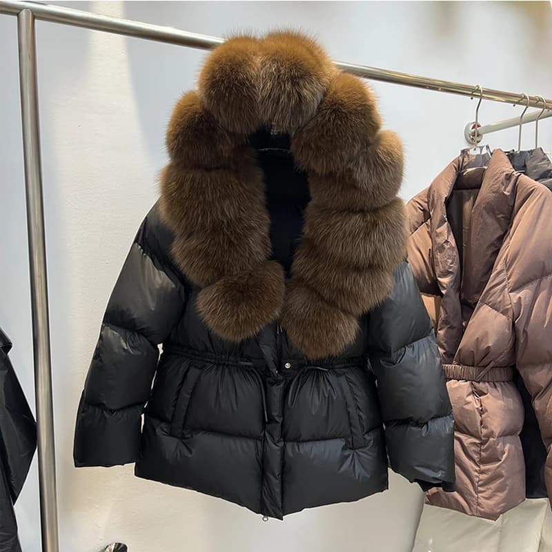 Natural Fur Collar down Jacket Women's Short Thick Warm Coat Hooded Korean Style Commute Windproof Water Resistant