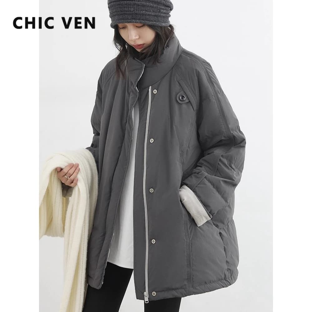CHIC VEN New Women 90 White Duck Down Coats Long Stand Collar Down Jacket Female Windproof Warm Outerwear Autumn Winter 2025