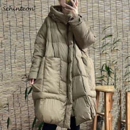 Schinteon Women White Duck Down Long Jacket with Hood Loose Over Size Coat Autumn Winter Warm Outwear Korean Style Big Pockets