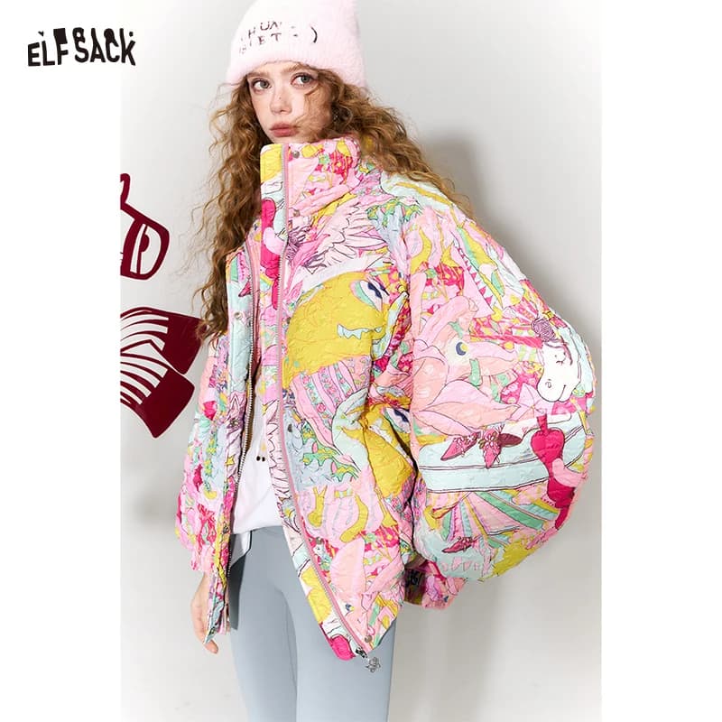ELFSACK Y2K Anime Print Puffer Jacket Women Harajuku Kawaii Stand Collar Zip Up Oversized Winter Warm Padded Bubble Coat