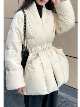 Lagabogy 2025 Winter Belt Waist-Tight Elegant Warm 90% White Duck Down Jacket Female Long Sleeve Solid Color V-neck Puffer Coat