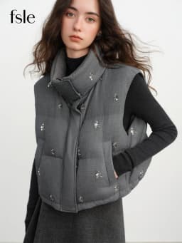 FSLE【Premium Series】Beaded Short Puffer Down Vest Women Autumn Winter Quilted Down Jacket Down Gilet Coat Outdoor Streetwear