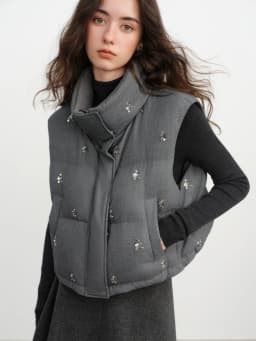 FSLE【Premium Series】Beaded Short Puffer Down Vest Women Autumn Winter Quilted Down Jacket Down Gilet Coat Outdoor Streetwear