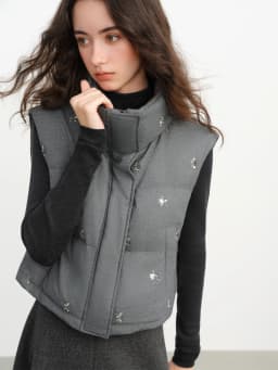 FSLE【Premium Series】Beaded Short Puffer Down Vest Women Autumn Winter Quilted Down Jacket Down Gilet Coat Outdoor Streetwear