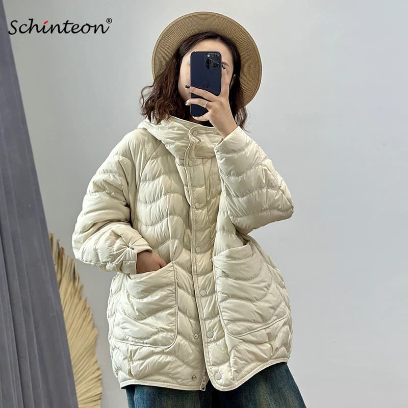 Schinteon Women 90% White Duck Down Jacket Casual Loose Over Size Autumn Winter Light Outwear with Hood Top Quality Coat 2026