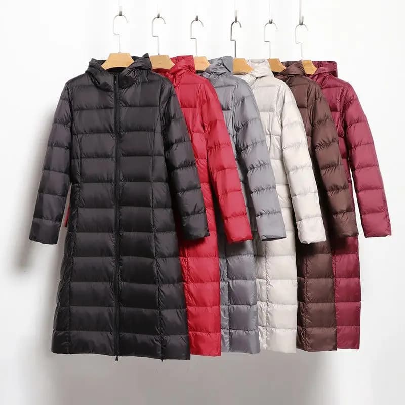Women's Lightweight Down Jacket Long White Duck Down Coat Hooded Slim Fit Thin Winter Outerwear Puffer Jacket Women JK-071