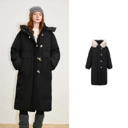 TOYOUTH Women 90% Down Jacket 2025 Winter New Fur Collar Hooded Cow Horn Buckle Three-proof Long Coat