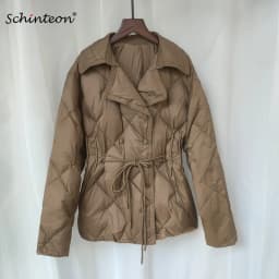 Schinteon Women White Duck Down Double Breasted Jacket Argyle Autumn Winter Outwear Office Lady Turn-down Collar Slim Coat 2026