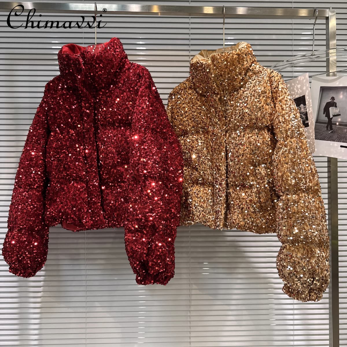 French Fashion Elegant Heavy Industry Colorful Sequin Stand Collar Thickened Warm Down Coats Women Winter Puffer Short Jackets
