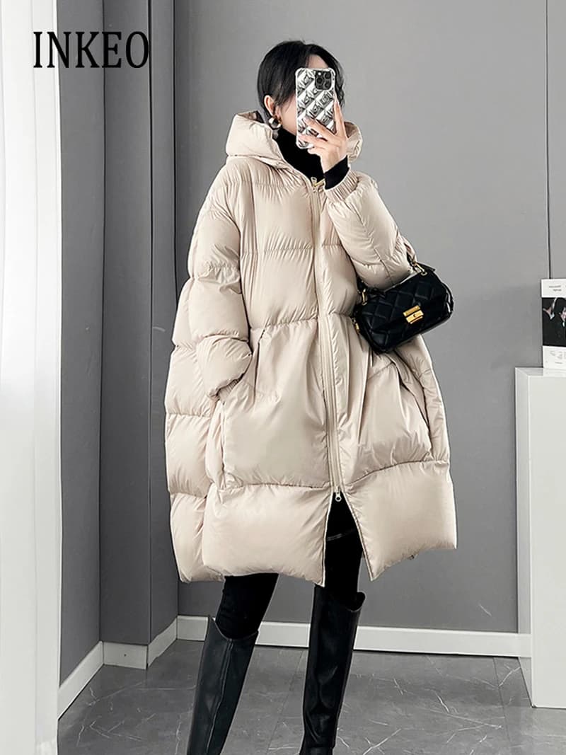 Black White Hooded down jacket for women Winter Oversized Thick warm Pockets puffer coat Lady Long Feathers Outwear INKEO 3O129