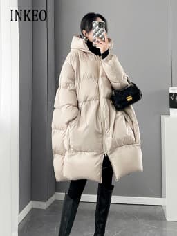 Black White Hooded down jacket for women Winter Oversized Thick warm Pockets puffer coat Lady Long Feathers Outwear INKEO 3O129