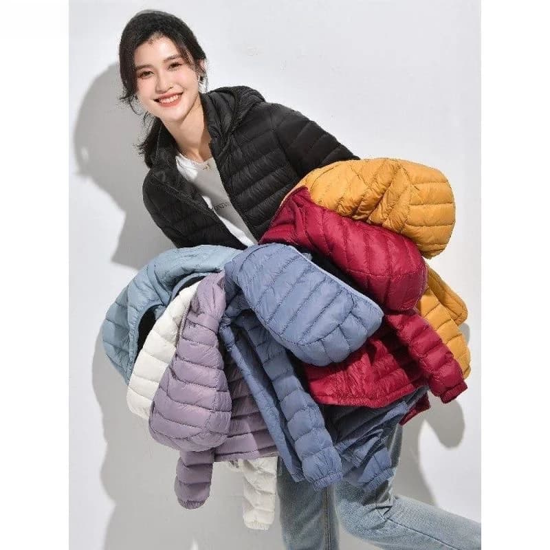 Ultra-Thin down Jacket Women's Short Lightweight Autumn Winter Coat Commute Style Hooded Zipper Closure Pure Color Long Sleeve