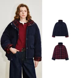 TOYOUTH Women 90% White Duck Down Jacket 2025 Winter New Retro Corduroy Plaid Fluffy Double Side Warm Jacket