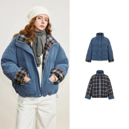 TOYOUTH Women 90% White Duck Down Jacket 2025 Winter New Retro Corduroy Plaid Fluffy Double Side Warm Jacket