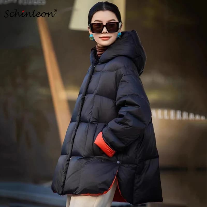 Schinteon Women Down Jacket Casual Loose Over Size Warm Autumn Winter Outwear White Duck Down with Hood Fashion Maternity Coat