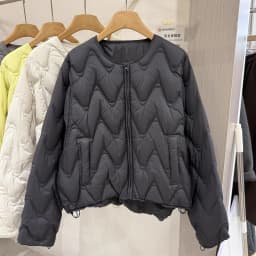 Lagabogy Women Loose Round Neck Short White Duck Down Coat Outwear Autumn Winter Lightweight Wave Quilted Puffer Jacket Female