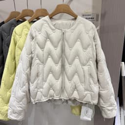 Lagabogy Women Loose Round Neck Short White Duck Down Coat Outwear Autumn Winter Lightweight Wave Quilted Puffer Jacket Female