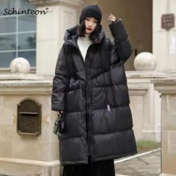 Schinteon Women White Duck Down Jacket with Hood Autumn Winter Warm Long Outwear Over Size Loose Coat 2026 New