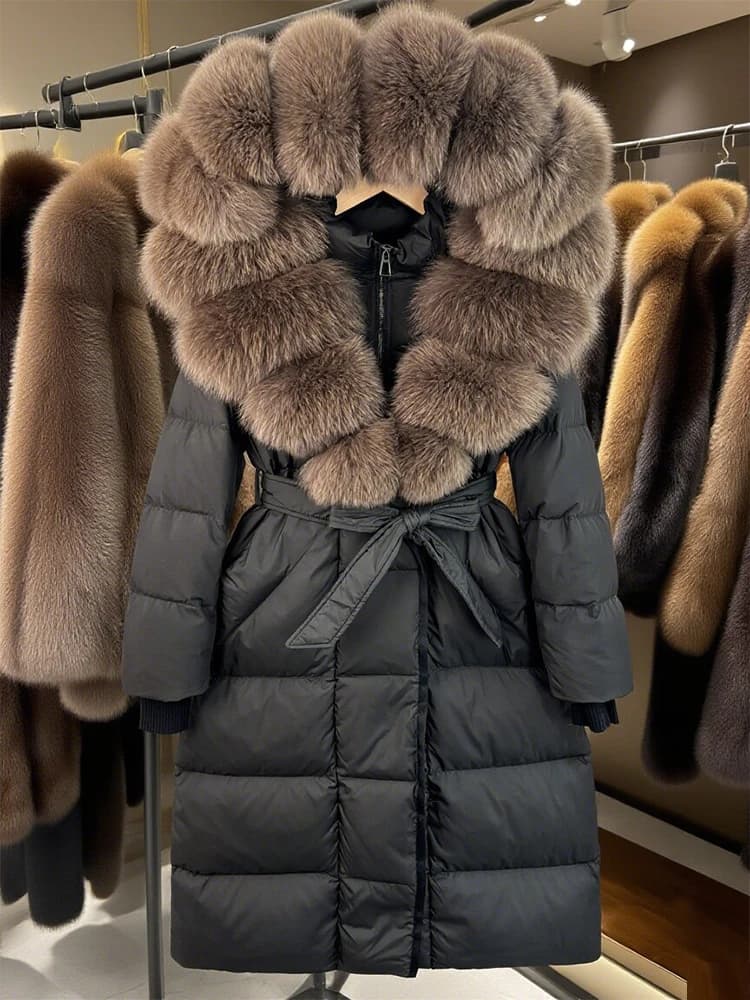 Lagabogy 2025 New Winter Warm White Duck Down Jacket Women Long Hooded Puffer Jacket Women Real Fox Fur Coat Female Warm Coat