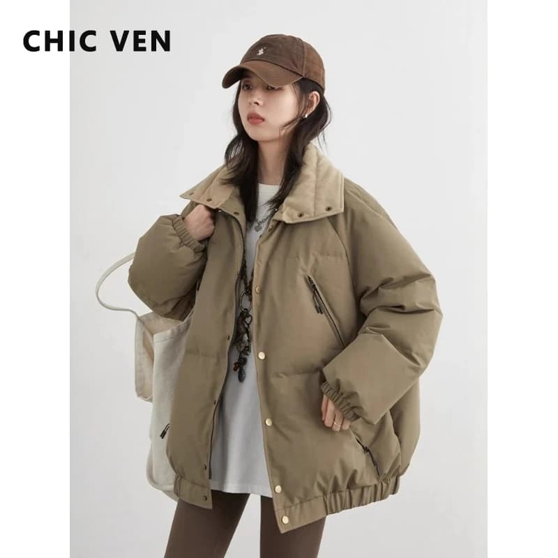 CHIC VEN Fashion Women Down Coats Long Sleeve Solid Retro Loose Casual Contrasting 90 White Down Jacket Autumn Winter 2025