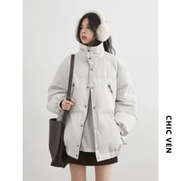 CHIC VEN Fashion Women Down Coats Long Sleeve Solid Retro Loose Casual Contrasting 90 White Down Jacket Autumn Winter 2025