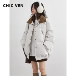 CHIC VEN Fashion Women Down Coats Long Sleeve Solid Retro Loose Casual Contrasting 90 White Down Jacket Autumn Winter 2025