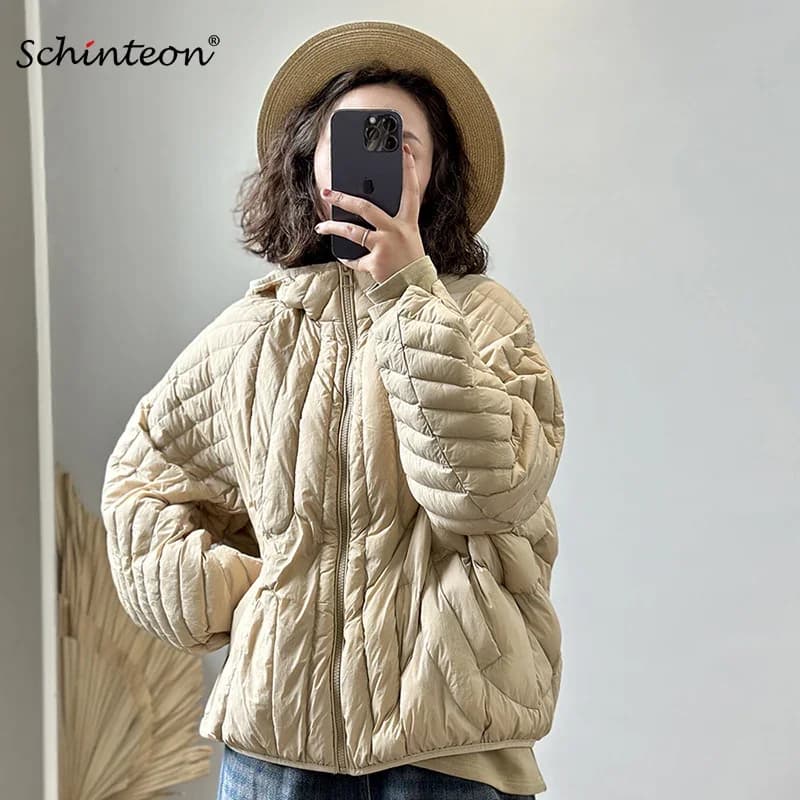 Schinteon Women Ultralight 90% White Duck Down Jacket Over Size Loose Casual Autumn Winter Outwear Vintage Coat Hood 2026 New