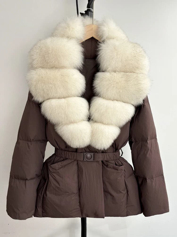 Lagabogy 2025 Large Real Fox Fur Winter Belt Waist-Tight Elegant Warm 90% White Duck Down Jacket Female V-neck Loose Puffer Coat