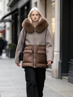 Maomaokong Real Fox Fur Collar Women's Winter Down Jacket Black Soft Faux Leather Fabric Patching Cool Oversized Zipper Fashion