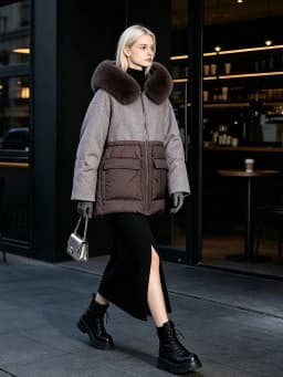 Maomaokong Real Fox Fur Collar Women's Winter Down Jacket Black Soft Faux Leather Fabric Patching Cool Oversized Zipper Fashion