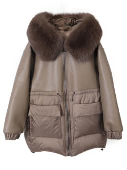 Maomaokong Real Fox Fur Collar Women's Winter Down Jacket Black Soft Faux Leather Fabric Patching Cool Oversized Zipper Fashion