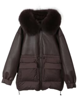 Maomaokong Real Fox Fur Collar Women's Winter Down Jacket Black Soft Faux Leather Fabric Patching Cool Oversized Zipper Fashion