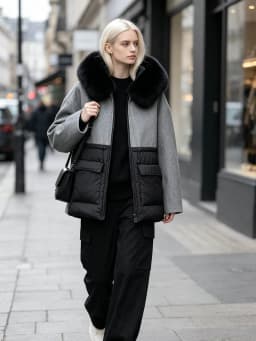 Maomaokong Real Fox Fur Collar Women's Winter Down Jacket Black Soft Faux Leather Fabric Patching Cool Oversized Zipper Fashion