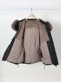 Maomaokong Real Fox Fur Collar Women's Winter Down Jacket Black Soft Faux Leather Fabric Patching Cool Oversized Zipper Fashion
