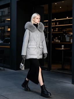 Maomaokong Real Fox Fur Collar Women's Winter Down Jacket Black Soft Faux Leather Fabric Patching Cool Oversized Zipper Fashion