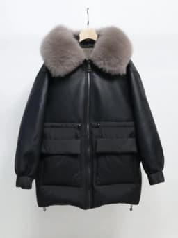 Maomaokong Real Fox Fur Collar Women's Winter Down Jacket Black Soft Faux Leather Fabric Patching Cool Oversized Zipper Fashion