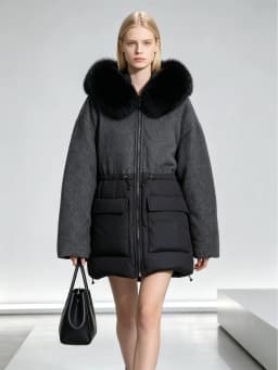 Maomaokong Real Fox Fur Collar Women's Winter Down Jacket Black Soft Faux Leather Fabric Patching Cool Oversized Zipper Fashion