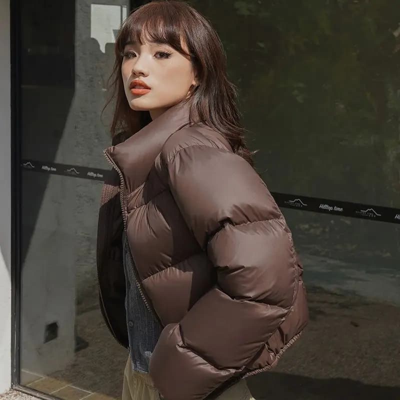 Fashionable Short down Cotton Jacket Women's Loose Fit Small Size Bread Style Coat Straight Tube Long Sleeve Zipper Closure