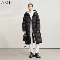 AMII Hooded Down Jacket 2026 Winter New Warm Zipper Long Sleeve 85% White Duck Down Coat Woman Loose Straight Long Coat 12524017