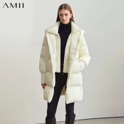 Amii 2026 Winter Warm New Women Down Jacket Cuffs Magnetic Buckle Zipper Hooded Fake Two-piece Thick Loose Long Coats 12444104