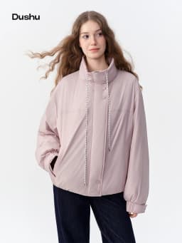 DUSHU Women Windproof Warm Pink Down Jacket with Elastic Hem 2026 Winter New Loose Fit Stylish Outerwear White Duck Down Filled
