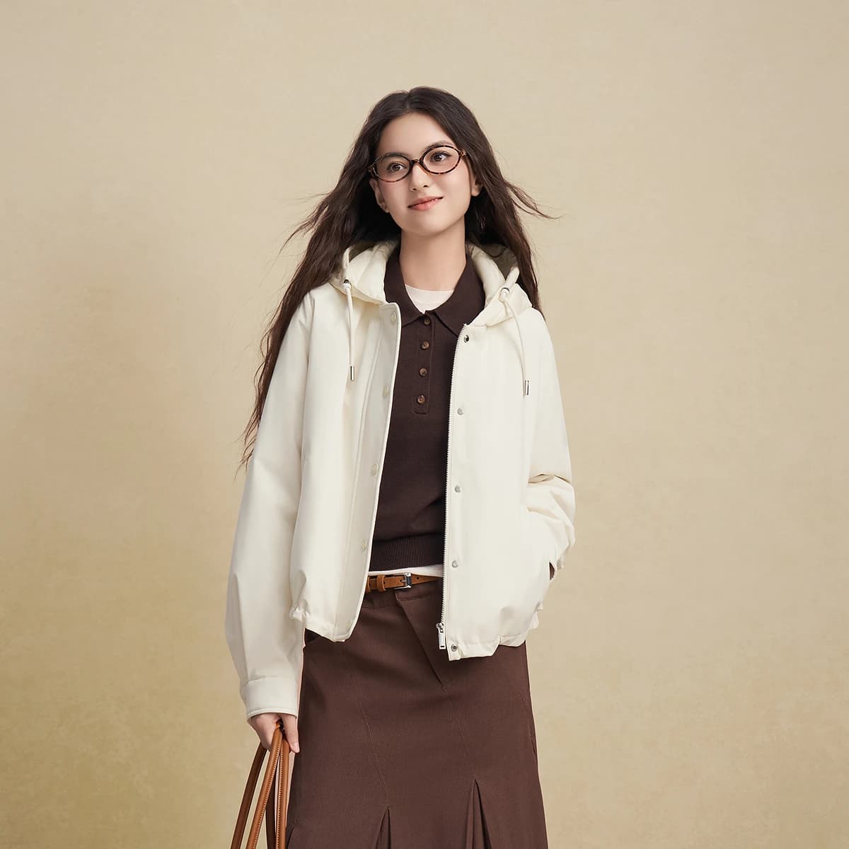 BOSIDENG Women Detachable Hood Down Jacket Vintage Short Slim Fit Casual Fashion Winter Outerwear Coat