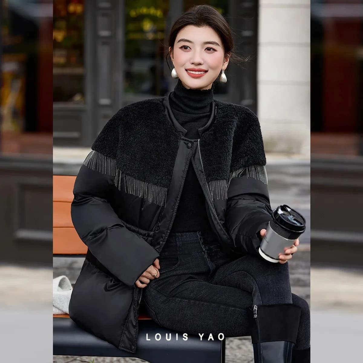LOUIS YAO Black Women's Down Coats 2025 Autumn/Winter Suzhou Embroidery Patchwork A Tassel-decorated Spliced Coat Down Jacket